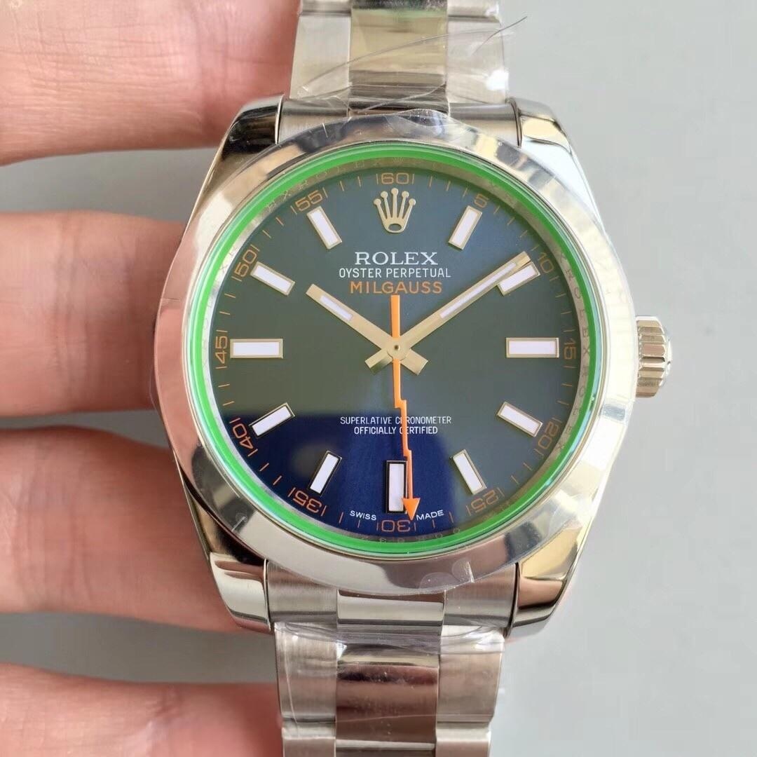 AR Factory Rolex Turuncu Şimşek İbre Yeşil Cam MILGAUSS Serisi m116400gv Antimanyetik Takvimsiz Replika Saat Mavi/Siyah Kadran İncelemesi — 5. fotoğraf