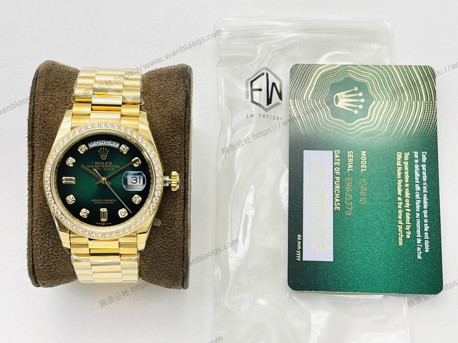 EW Factory Rolex Day-Date 40 mm serisi 3255 mekanizma (18K elmas kakmalı yeşil kadran) saat incelemesi — 1. fotoğraf