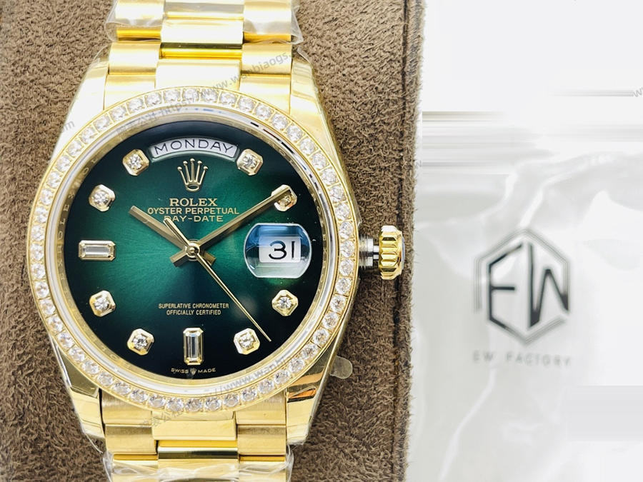 EW Factory Rolex Day-Date 40 mm serisi 3255 mekanizma (18K elmas kakmalı yeşil kadran) saat incelemesi — 3. fotoğraf