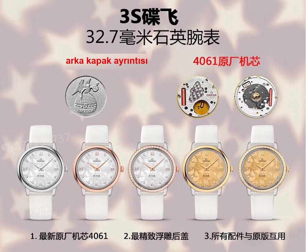 Gerçek-Replika Karşılaştırması: 3S Factory Omega De Ville Prestige Butterfly Kadın Kol Saati — 1. fotoğraf