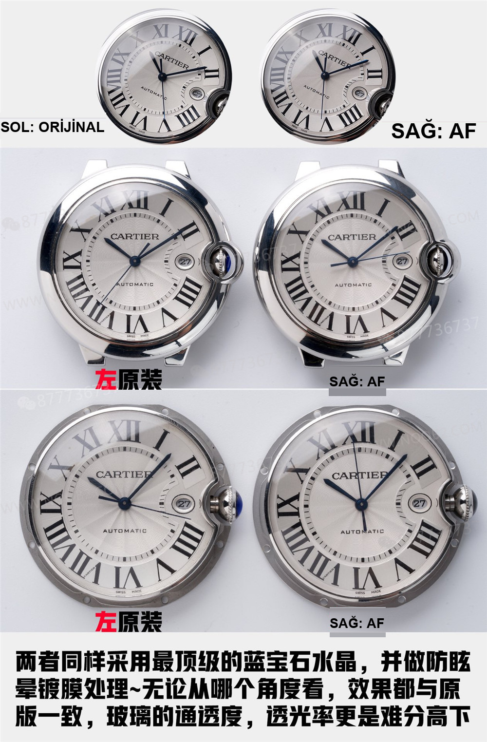 Gerçek-replika karşılaştırması: AF Factory Ballon Bleu 42 mm büyük boy erkek replika saat — 4. fotoğraf
