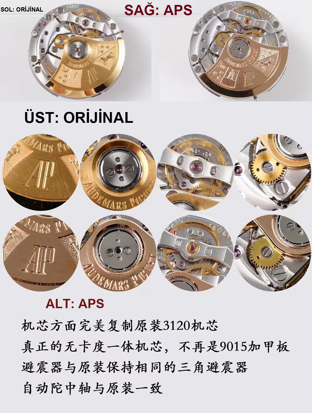 Gerçek-replika karşılaştırması: APS Factory AP Audemars Piguet Royal Oak serisi 15400ST.OO.1220ST.03 mavi kadranlı klasik kol saati — 8. fotoğraf