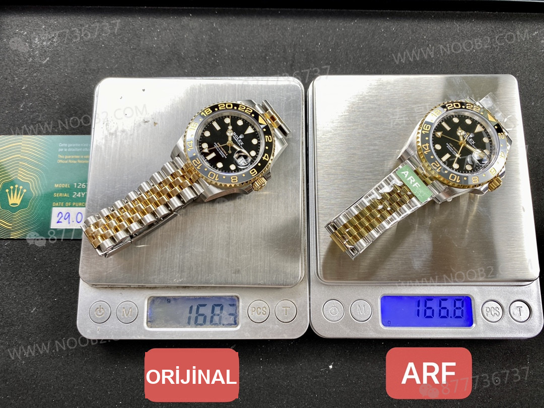 Gerçek-replika karşılaştırması: ARF Factory Rolex ağırlıklandırılmış GMT iki renkli asetli yumurta bezel gerçekten 166 gram mı? — 2. fotoğraf