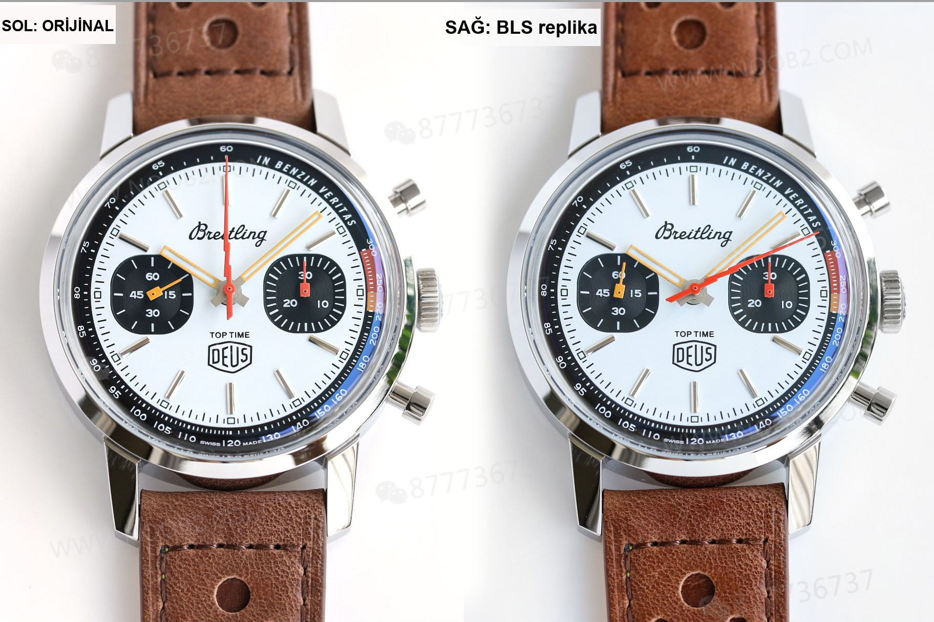 Gerçek-replika karşılaştırması: BLS Factory Breitling Premier Top Time Deus kronograf replika saat — 1. fotoğraf