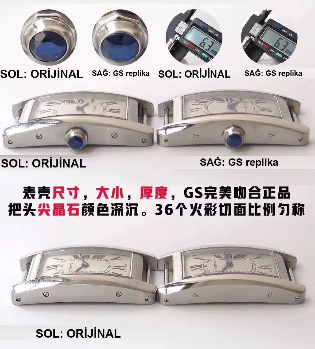 Gerçek-replika karşılaştırması: GS Factory Cartier Tank Américaine WSTA0016 kadın İsviçre kuvars mekanizmalı replika saat ile orijinali arasındaki fark nerede? Bu fabrika nasıl? — 4. fotoğraf