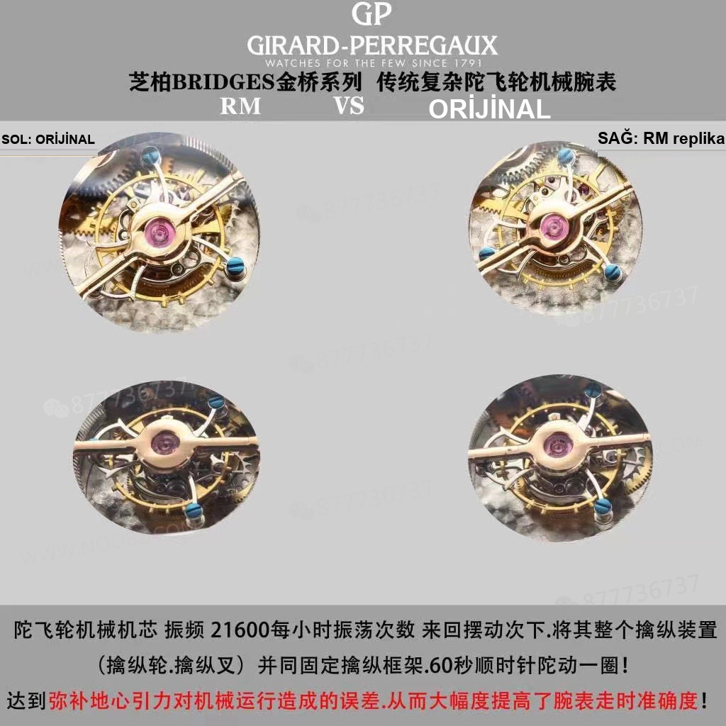 Gerçek-replika karşılaştırması: RM Factory Girard-Perregaux Bridges 99193 tourbillon replika saat incelemesi — 6. fotoğraf