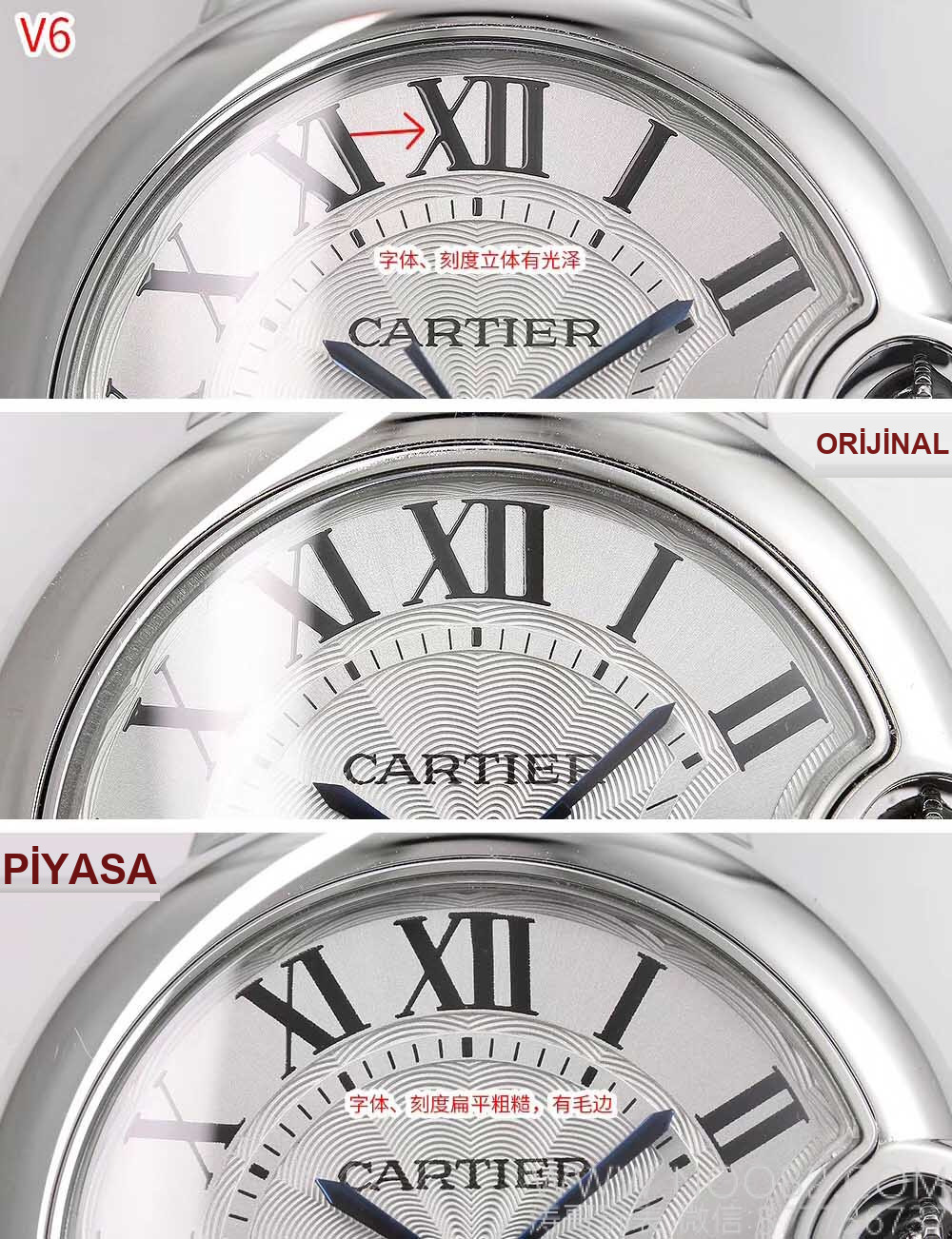 Gerçek-replika karşılaştırması: V6 Factory Cartier Ballon Bleu 33 mm — orijinal ile piyasa versiyonu karşıya, hangisi bir bakışta sahte belli oluyor? — 2. fotoğraf