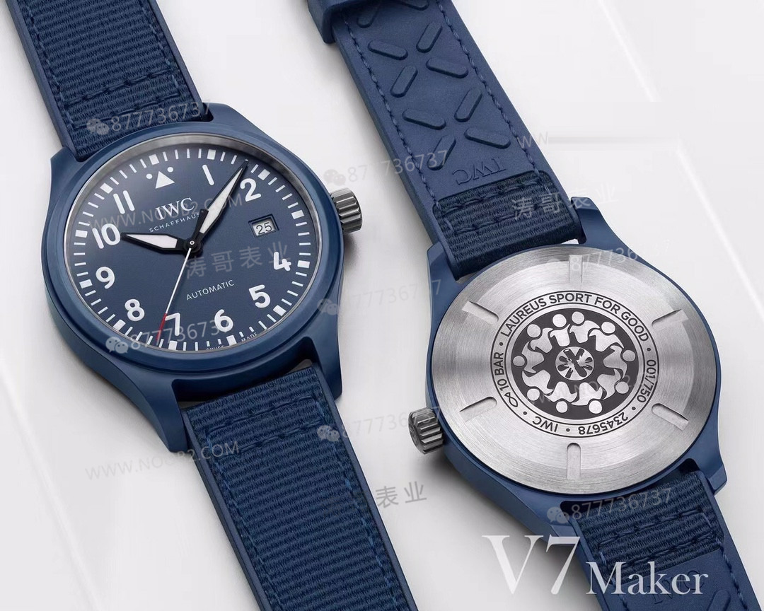 Gerçek-replika karşılaştırması: V7 Factory IWC Mark XVIII sisli mavi seramik IW328101 Laureus — 2. fotoğraf
