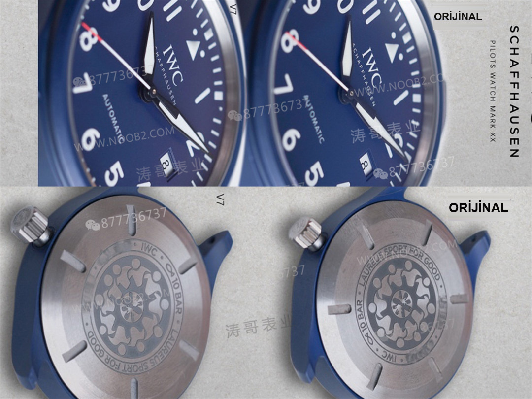 Gerçek-replika karşılaştırması: V7 Factory IWC Mark XVIII sisli mavi seramik IW328101 Laureus — 6. fotoğraf
