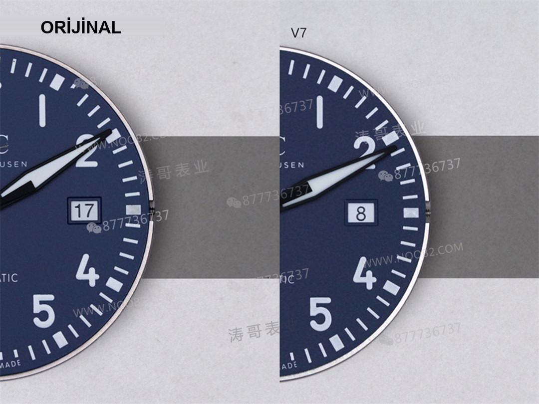 Gerçek-replika karşılaştırması: V7 Factory IWC Mark XVIII sisli mavi seramik IW328101 Laureus — 7. fotoğraf