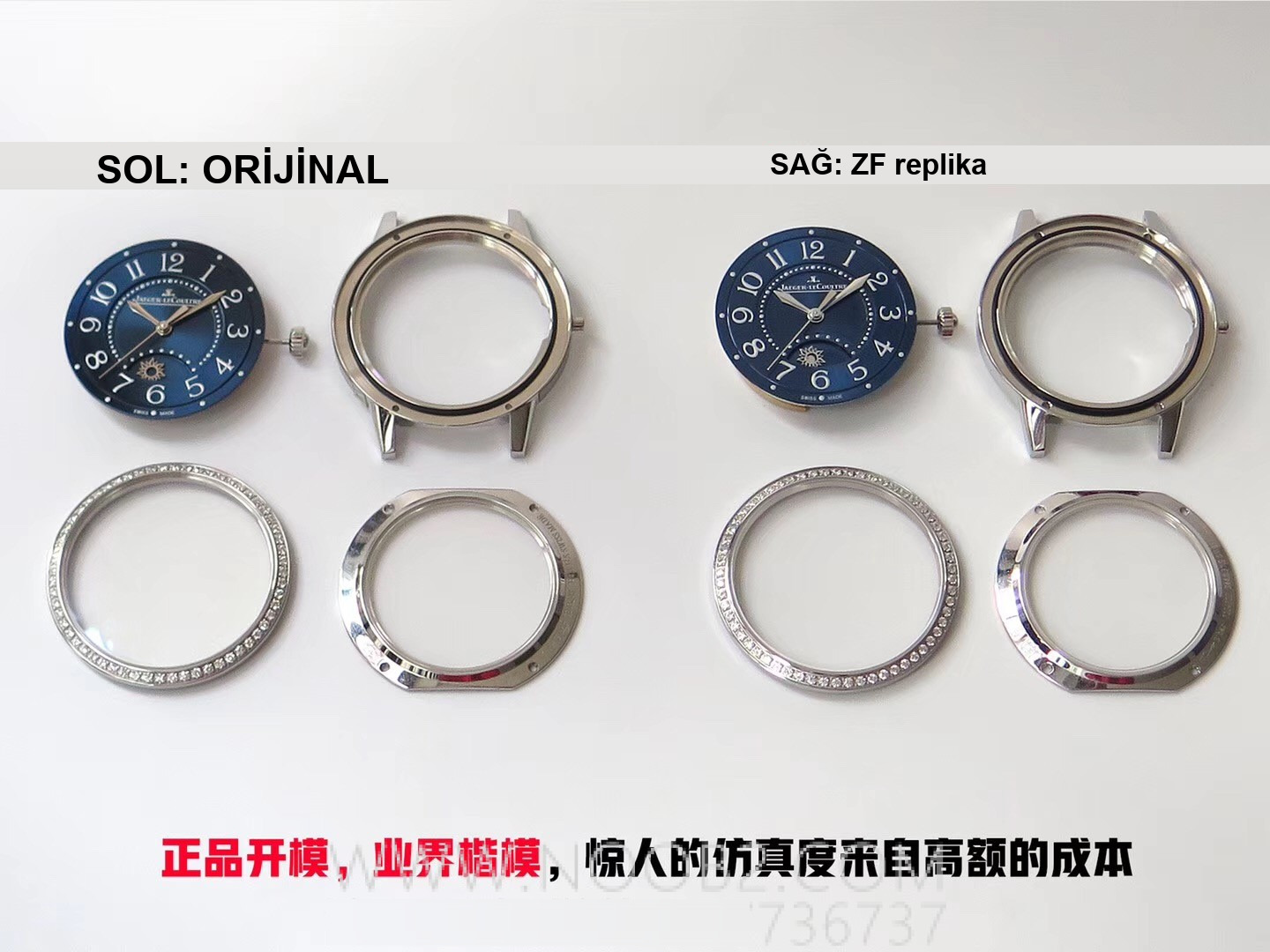 Gerçek-replika karşılaştırması: ZF Factory Jaeger-LeCoultre Rendez-Vous serisi 3468480 kadın mavi kadranlı replika saatin orijinalle karşılaştırmalı incelemesi — 7. fotoğraf
