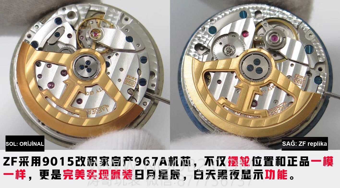 Gerçek-replika karşılaştırması: ZF Factory Jaeger-LeCoultre Rendez-Vous serisi 3468480 kadın mavi kadranlı replika saatin orijinalle karşılaştırmalı incelemesi — 10. fotoğraf