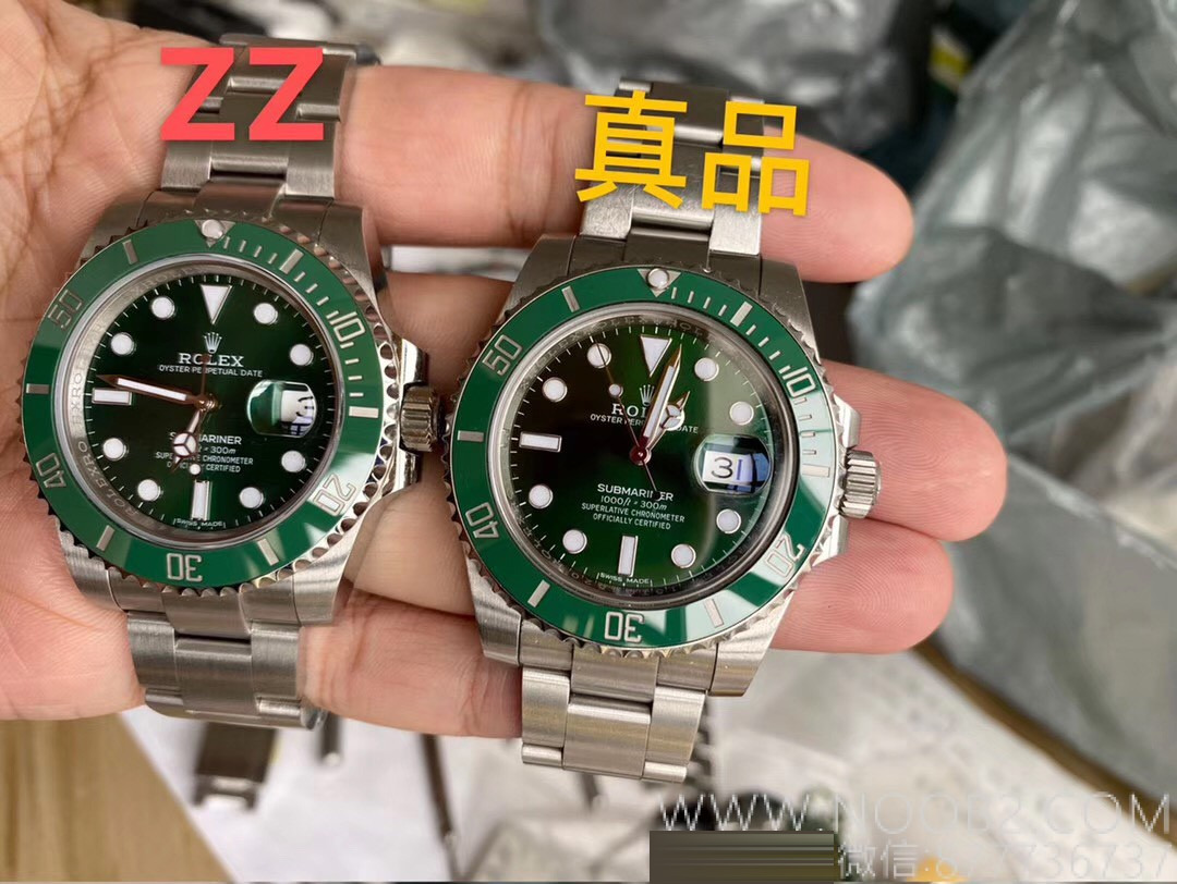 Gerçek-Replika Karşılaştırması: ZZ Factory V2S Rolex Yeşil Su Hayaleti + Clean Yeşil Bezel + Dolu Merkez Mili + İşlenmiş Çubuk İşaretler + Üç Boyutlu Akrep ve Yelkovan, Yükseltilmiş Sürümün Gerçek Çekimleri — 2. fotoğraf