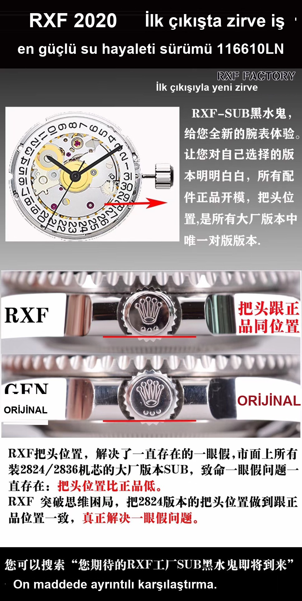 Karşılaştırmalı inceleme: RXF Factory Rolex Submariner Siyah Su Hayaleti serisi 116610LN-97200 siyah kadranlı dalış saati — 9. fotoğraf