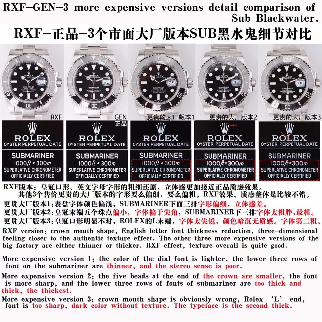 Karşılaştırmalı inceleme: RXF Factory Rolex Submariner Siyah Su Hayaleti serisi 116610LN-97200 siyah kadranlı dalış saati — 10. fotoğraf