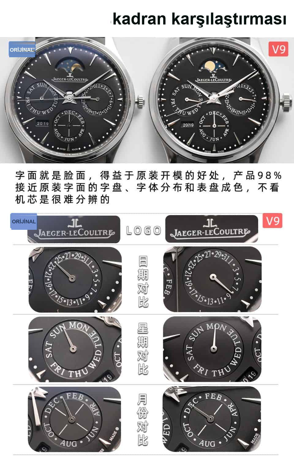 Karşılaştırmalı inceleme: V9 Factory JL Jaeger-LeCoultre Master serisi 130842J perpetual takvim kol saati — 4. fotoğraf