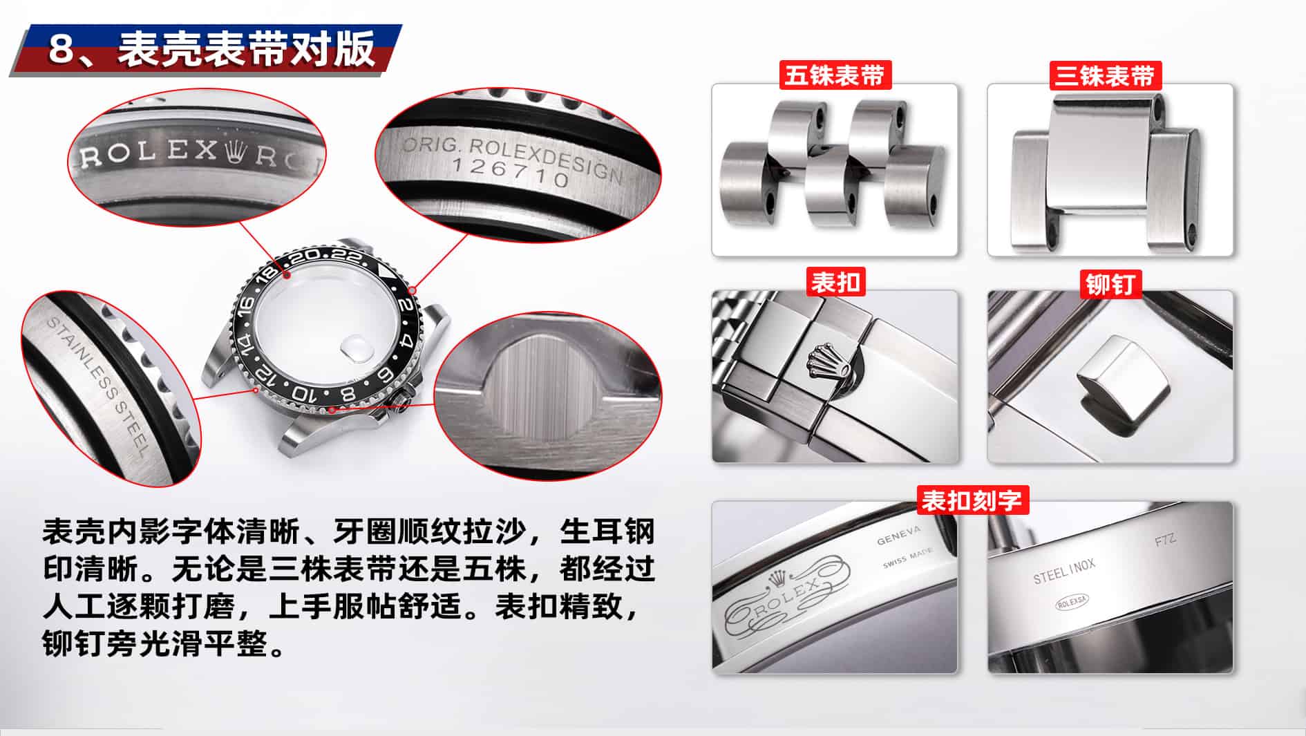 Karşılaştırmalı inceleme: V9 Factory Rolex GMT-Master II serisi — tam siyah üç halkalı (116710LN-78200), siyah-mavi/Milano bezel üç halkalı (116710BLNR-78200), siyah-mavi/Milano bezel beş halkalı (126710BLRO-0001), kırmızı-mavi/Coke bezel üç halkalı (116719-BLRO), kırmızı-mavi/Coke bezel beş halkalı (126710BLRO-0001). — 8. fotoğraf