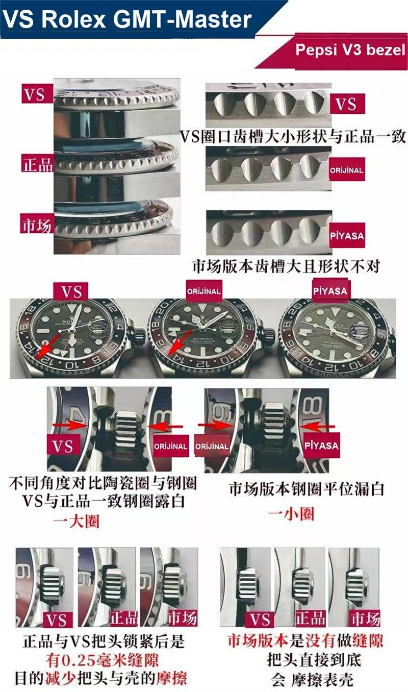 VS Factory Rolex Cola bezel gerçek-replika karşılaştırması — 9. fotoğraf